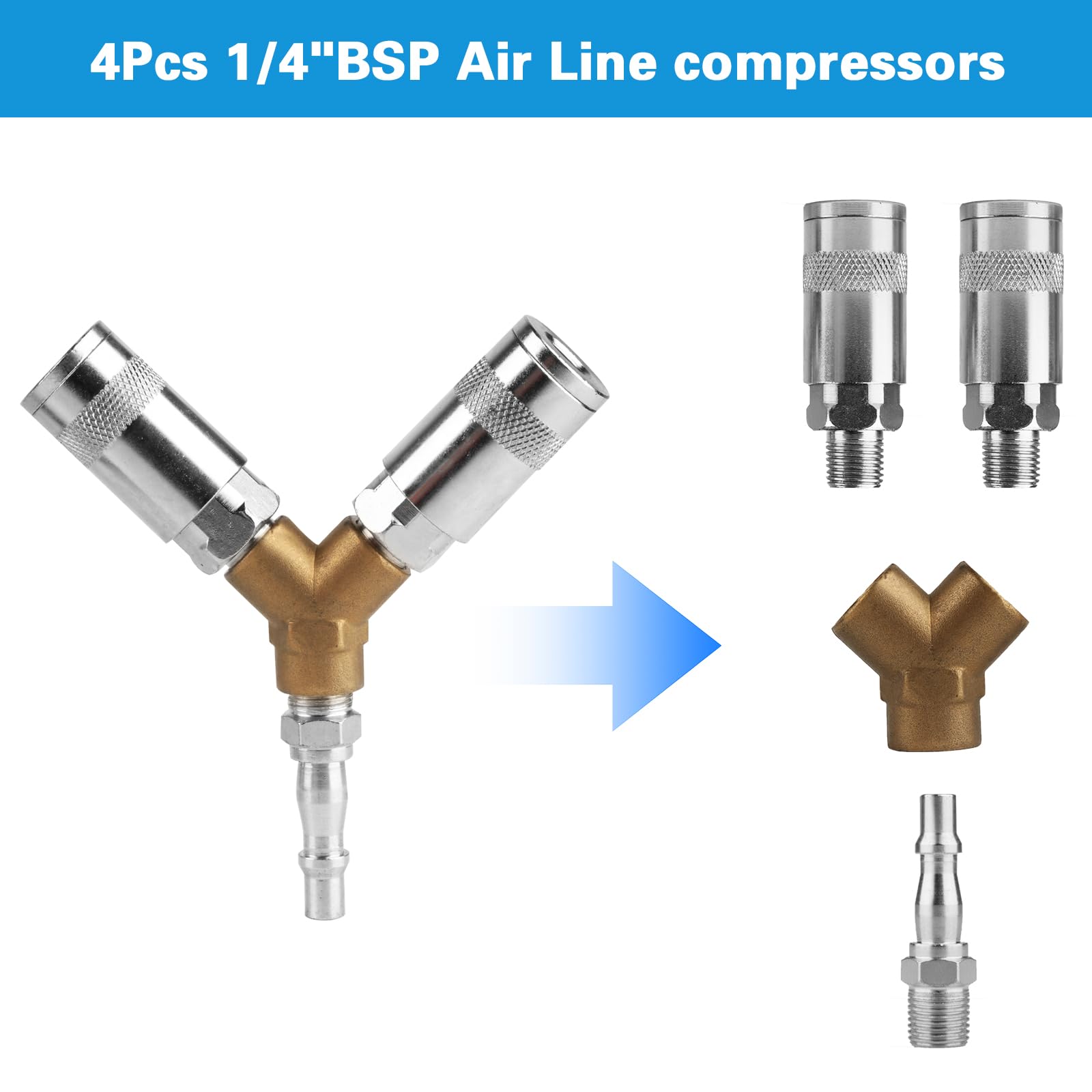 1 SetAirline Hose Connectors,1/4" BSP Airline Hose Connector Y Splitter Airline Coupling 1/4" BSP Air Line Fittings,3 Way Male/Female Thread Quick Release Coupler Fittings for Air Lines Compressors - Image 3