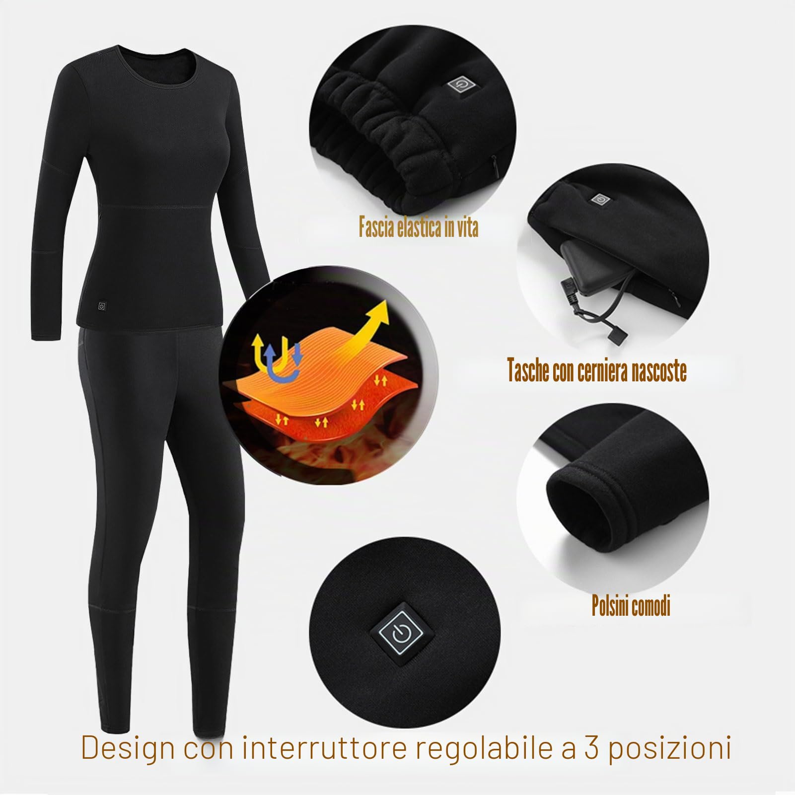 Intimo Termico riscaldato Set Intimo Funzionale da Donna Intimo Termico riscaldato USB Strato Base Intimo da Sci Pile Interno Invernale con 28 Zone riscaldate