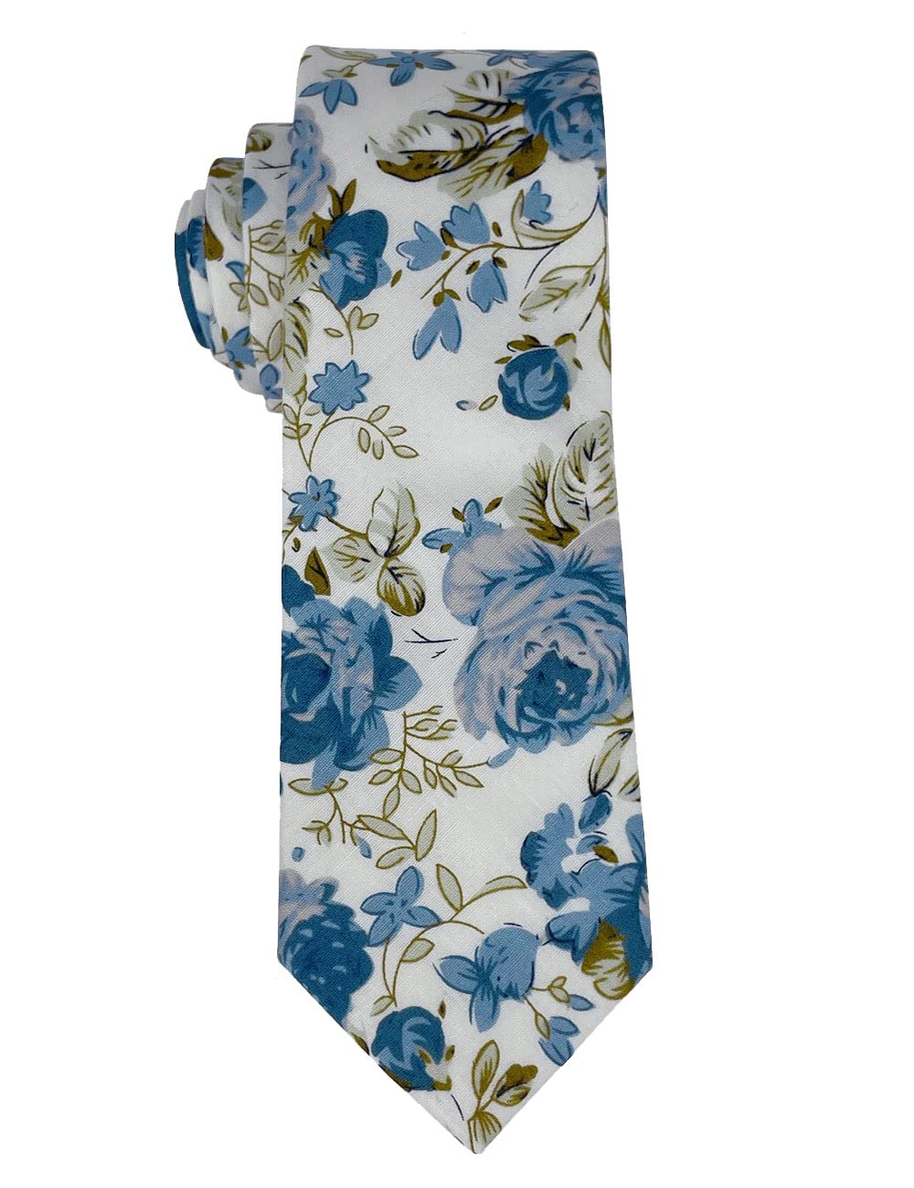 Corbata delgada de algodón floral para hombre, Flores Azules - Blanco (2.6) 2