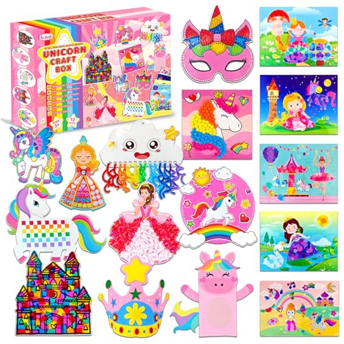 Unicorn Craft Box-12 Projects Fun Arts and Crafts for Kids Ages 4-8 Creative Educational Activity No Mess Individually Packaged Travel Toys Party Favors Birthday Gift for Girls 3 4 5 6 7 8 Years Old