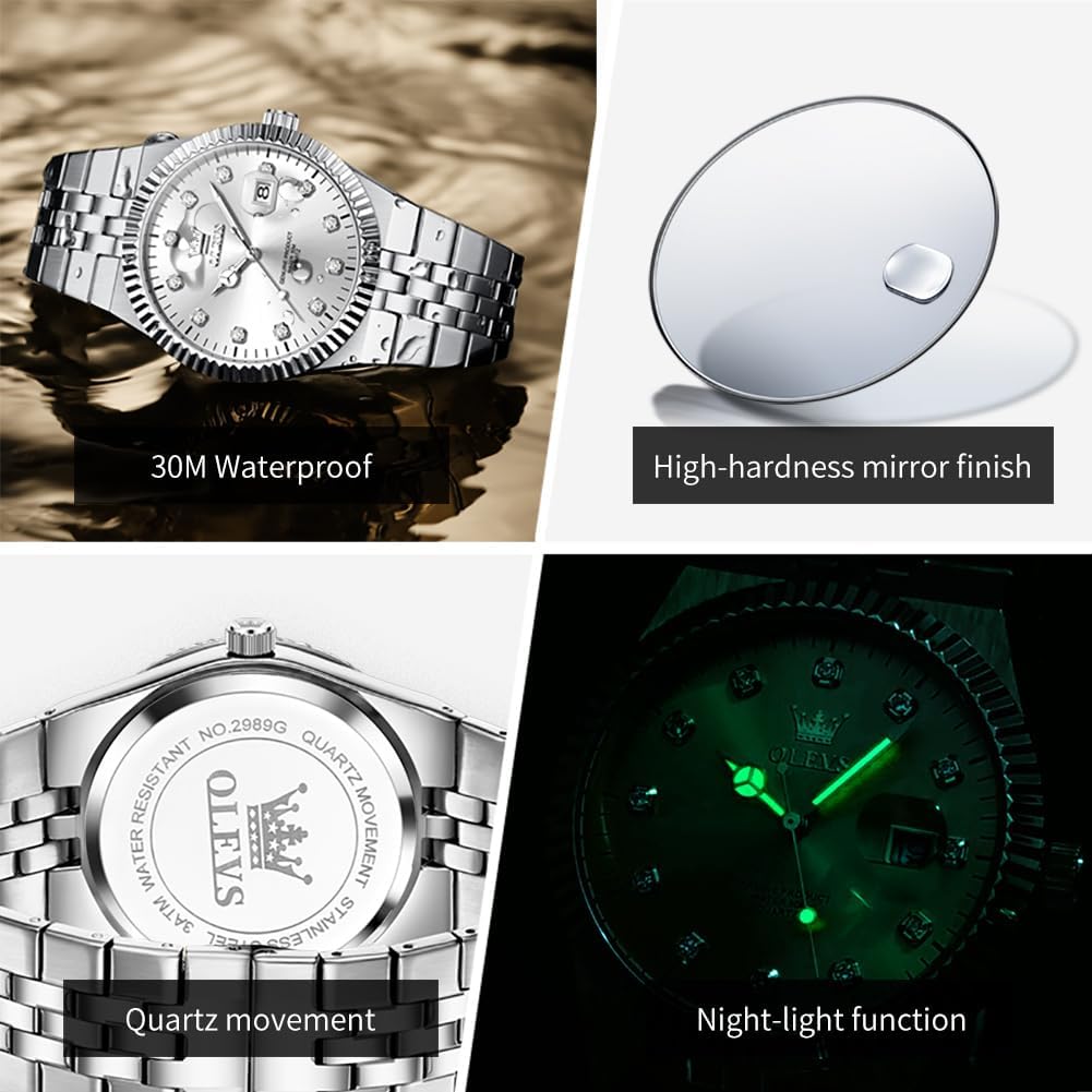 OLEVS Mens Watches Luxury Diamond Calendar Stainless Steel Male Watches Business Dress Waterproof Luminous Fashion Watch for Men