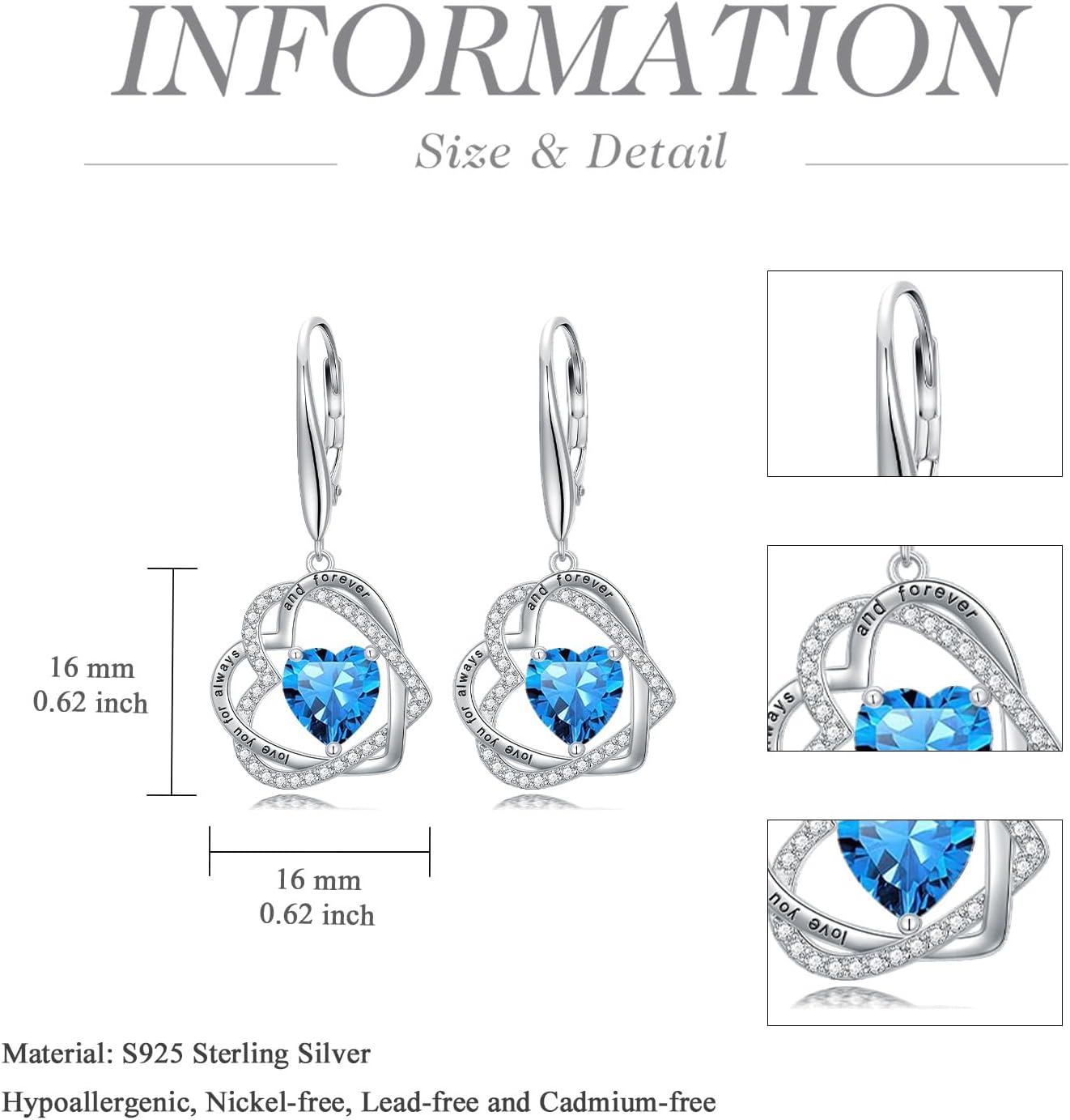 TOUPOP Heart Birthstone Earrings 925 Sterling Silver Double Heart Leverback Earrings Love You for Always and Forever Jewelry Anniversary Birthday Christmas Gifts for Women Wife Her