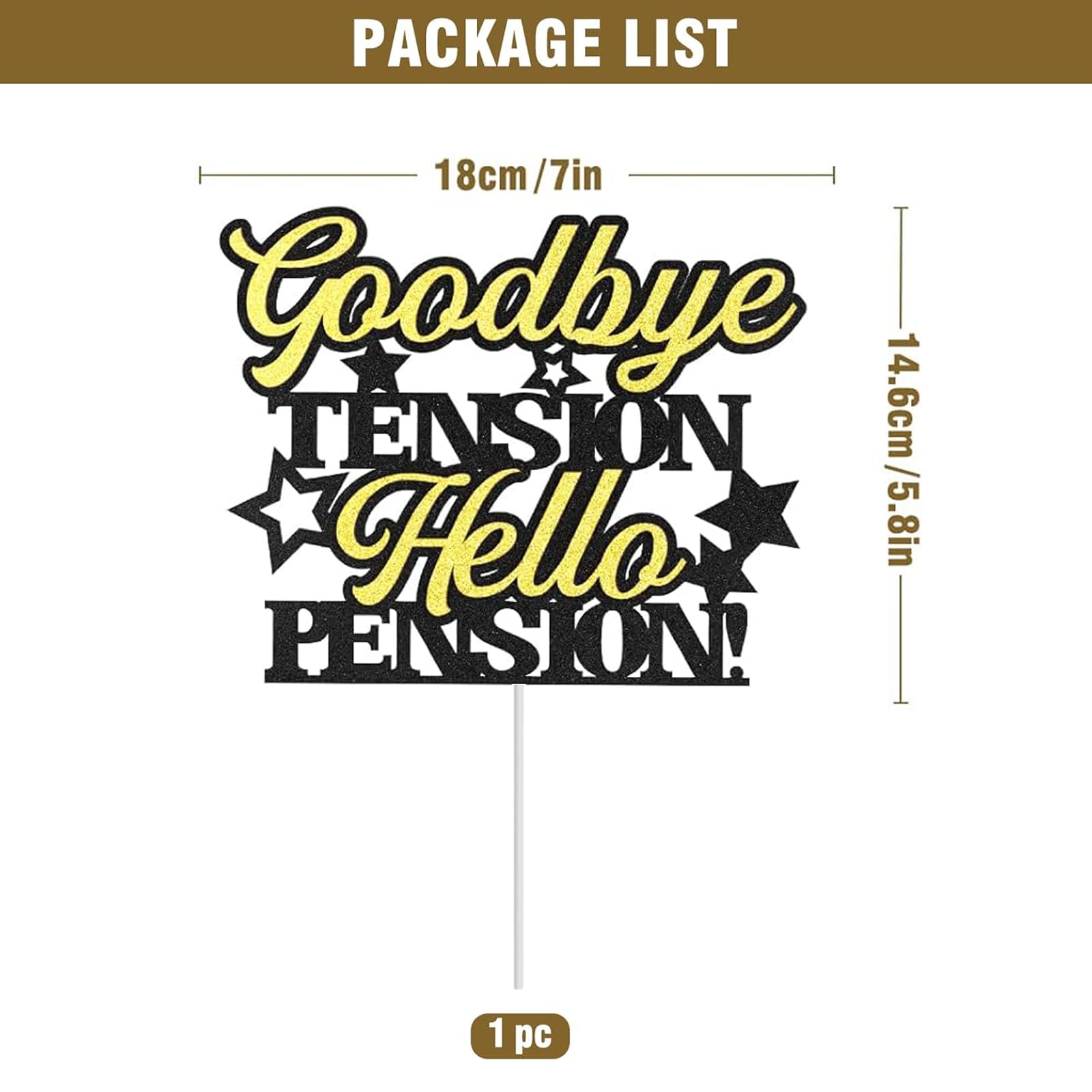 Retirement Cake Topper - Happy Retirement Cake Decor with Funny Saying "Goodbye TENSION, Hello PENSION!" - Elegant Black Gold Party Decoration for Adult Celebration 2.2 五点描述 — view 5