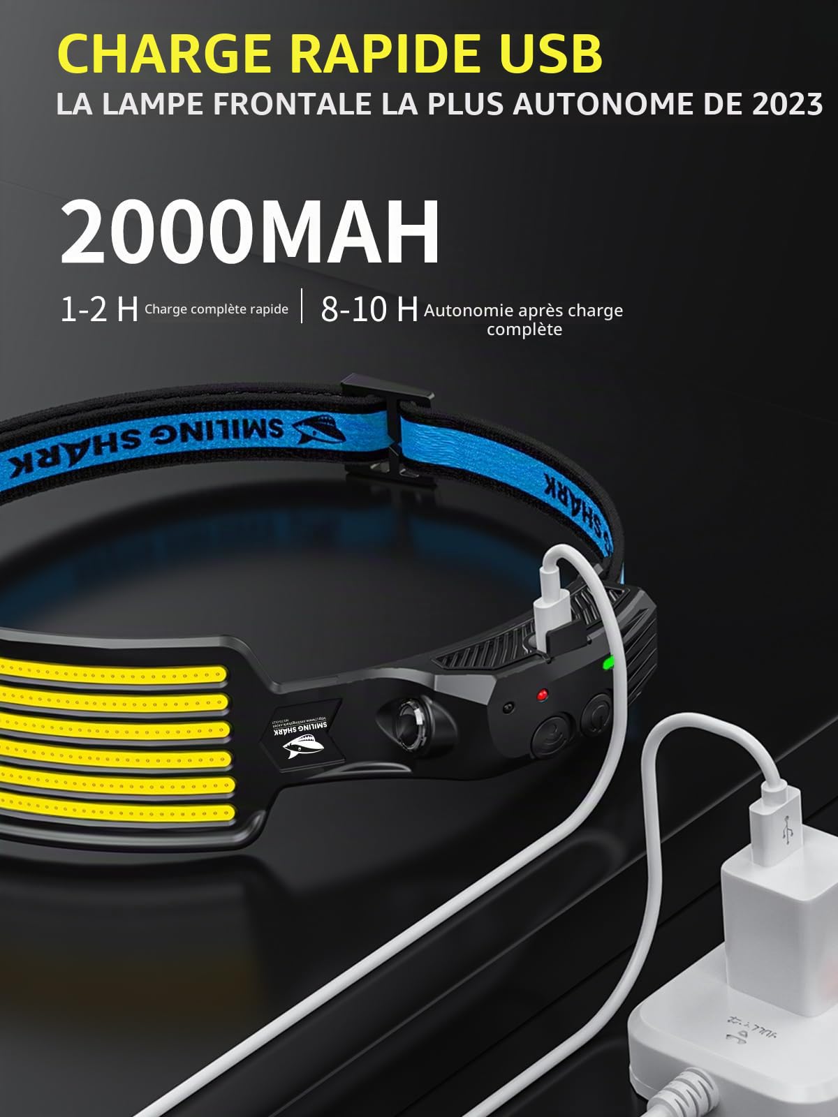 Smiling Shark Lampe Frontale LED, 2 Pièces Angle Large 6*LED Bandes Lumineuses Blanche Headlamps Rechargeable Capteur de Motion Étanche pour Camping