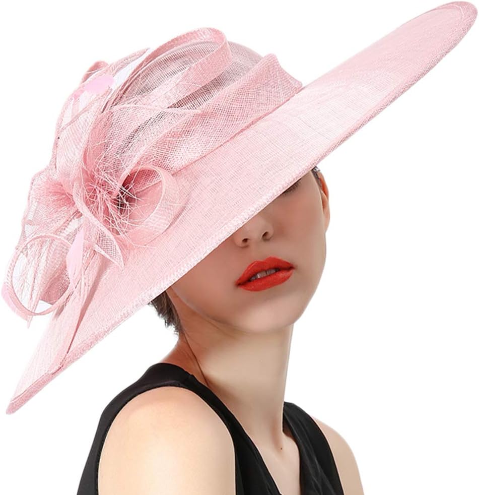 Koola Sinamay Feather Fascinators Wide Brim Derby Hat for Cocktail Tea Party Wedding Church
