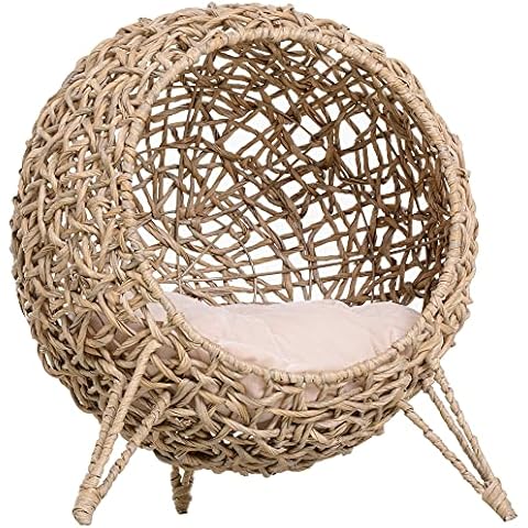 PawHut Rattan Elevated Cat Bed with Cushion Cover