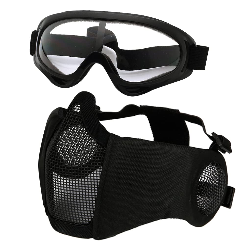Set di maschera e occhiali per softair, maschera a mezza faccia in rete metallica con protezione per le orecchie, occhiali anti UV, protezione per gli occhi per caccia all'aperto e giochi CS