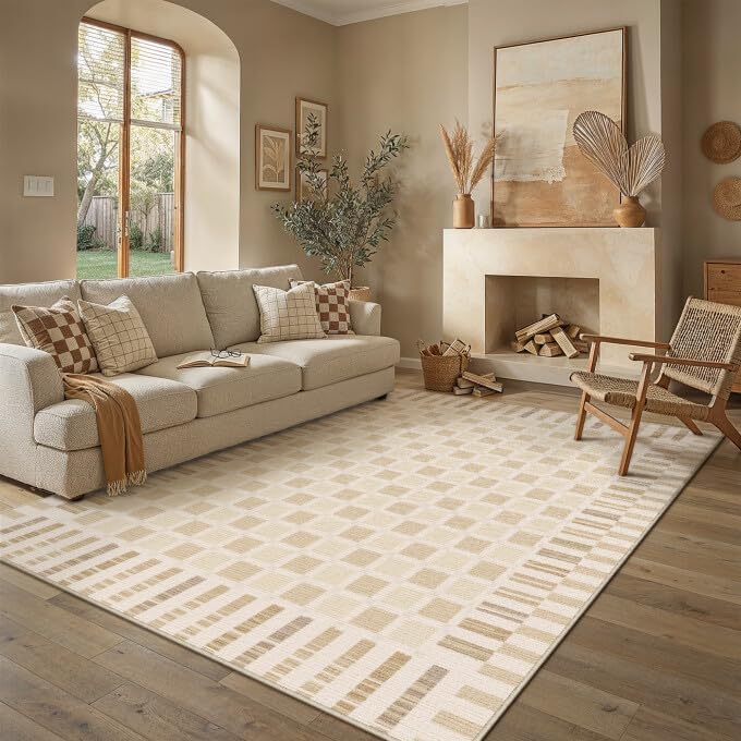 Beige 8x10 Area Rug for Living Room Neutral Machine Washable Large Checkered Rugs Non-Slip Stain Resistant Low Pile Boho Accent Indoor Office Throw Carpet for Bedroom Playroom Nursery