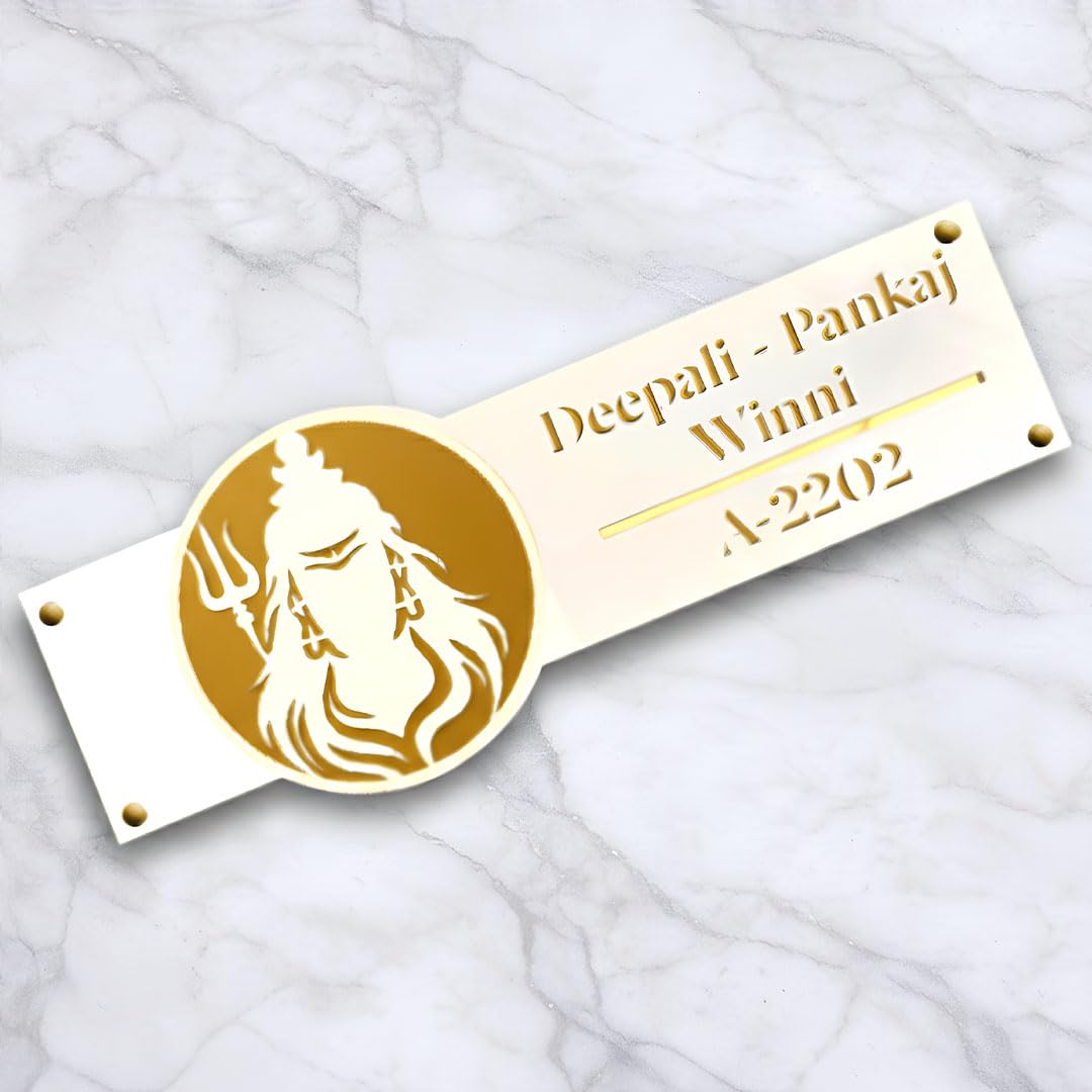 Personalized Devotional Name Plate for Home Entrance | Krishna Bansuri Hanuman Shankh Bholenath Shiva Jai Shree Ram Vastu Buddha | Custom Name & Flat No | Premium MDF (b) Bholenath (Shiva))-image-19