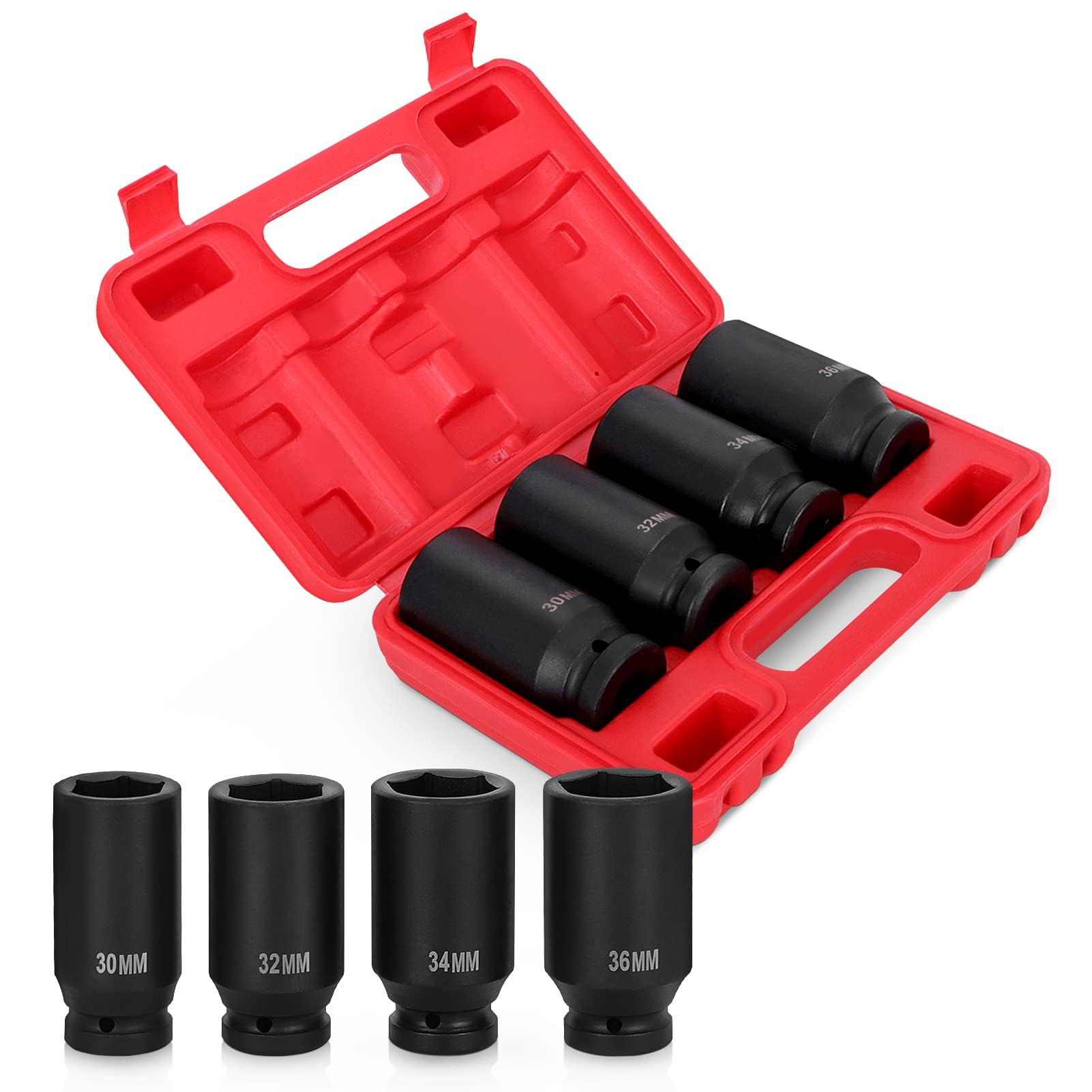 Set di 4 Dadi per Chiavi a Percussione, Set di Inserti per Chiavi a Bussola Ad Alto Impatto 1/2 Pollice Set di Dadi Esagonali 30-36 Mm, Attrezzo per Alberi di Trasmissione dei Dadi con Cassetta