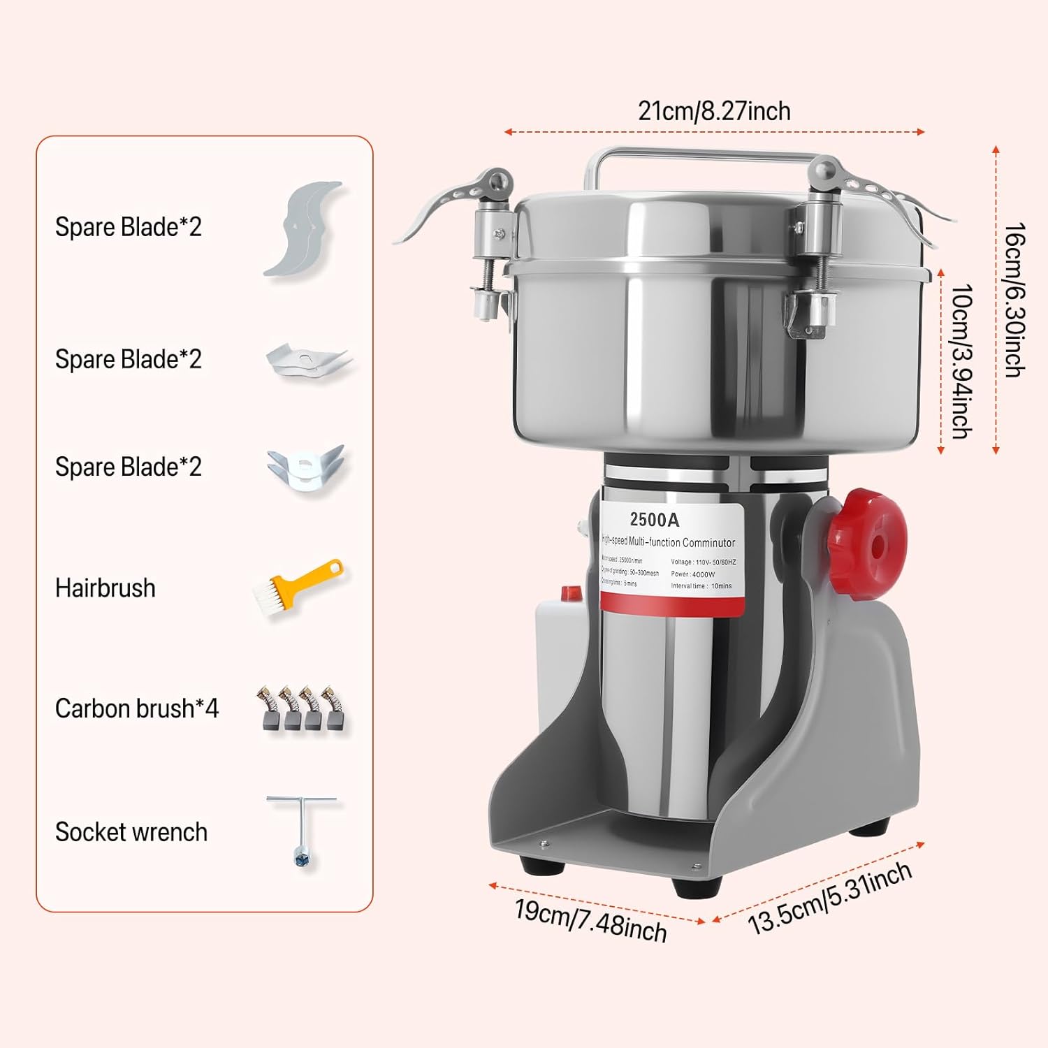 2500g Electric Grain Mill Grinder, 4500W High Power Commercial & Home Flour Mill, 110V Stainless Steel Wheat Grinder, 50-300 Mesh Dry Spice Mill with Accessories