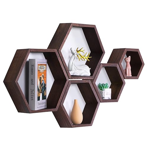PHOENANCEE Hexagon Floating Shelves,Wall Mounted Wood Farmhouse Storage Honeycomb Wall