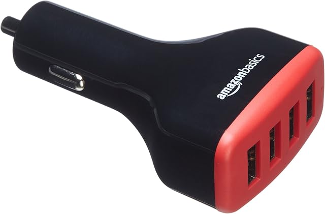 Amazon Basics 9.6 Amp/48W 4-Port USB Car Charger for Apple & Android Devices, Black/Red