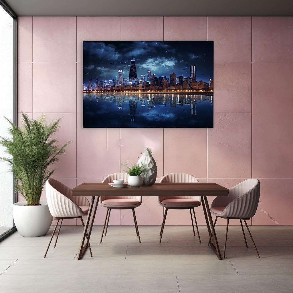 Canvas for Living room. Illuminated Serenity: Chicago's Nighttime Skyline and Lake Michigan's Reflective Ballet, 27 x 18 inch Canvas Wall Art - Urban Global Cities - Modern Home Decor