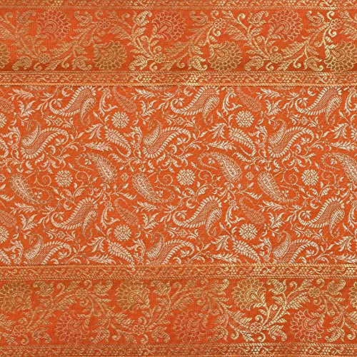 Image of E-EZRA Room Decor Banarasi Silk Handmade Flower V Shape Table Runner Dinning & Centre Table Long Runner Bed Runner Gold Tassels End Size 14 X 80 inches (Orange)