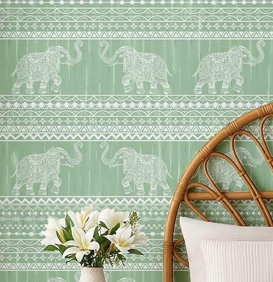 Papier peint tribal éléphant Soimoi en vinyle autocollant vert de style asiatique pour salon