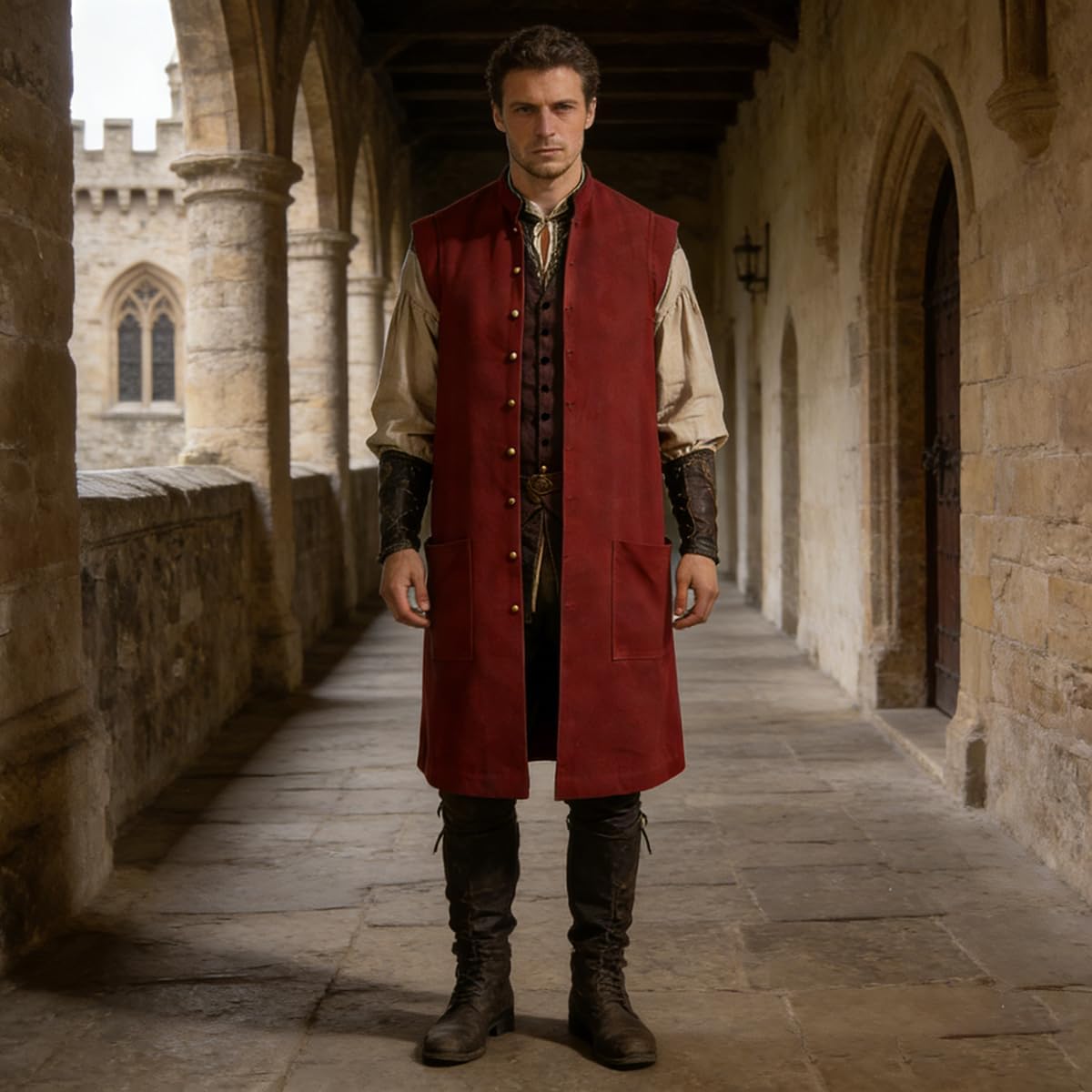 Mens Medieval Long Vest Knight Sleeveless Tunic Renaissance Fair Pirate Costume for LARP Halloween