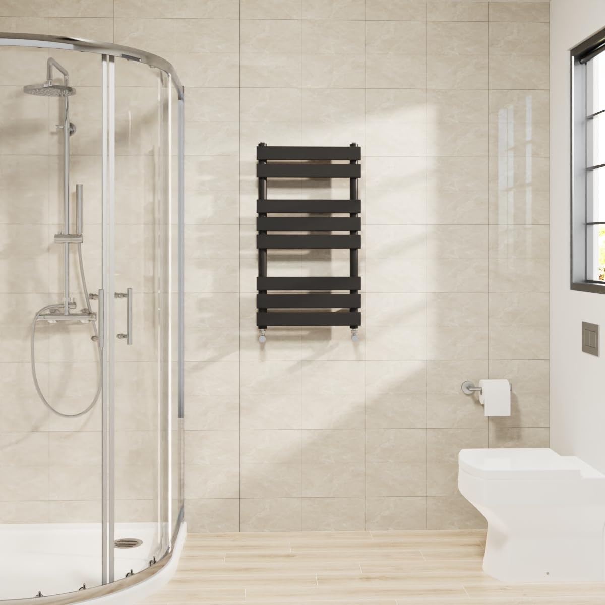 Warmehaus Flat Panel Heated Towel Rail Black Bathroom Ladder Radiator Warmer 800x450mm