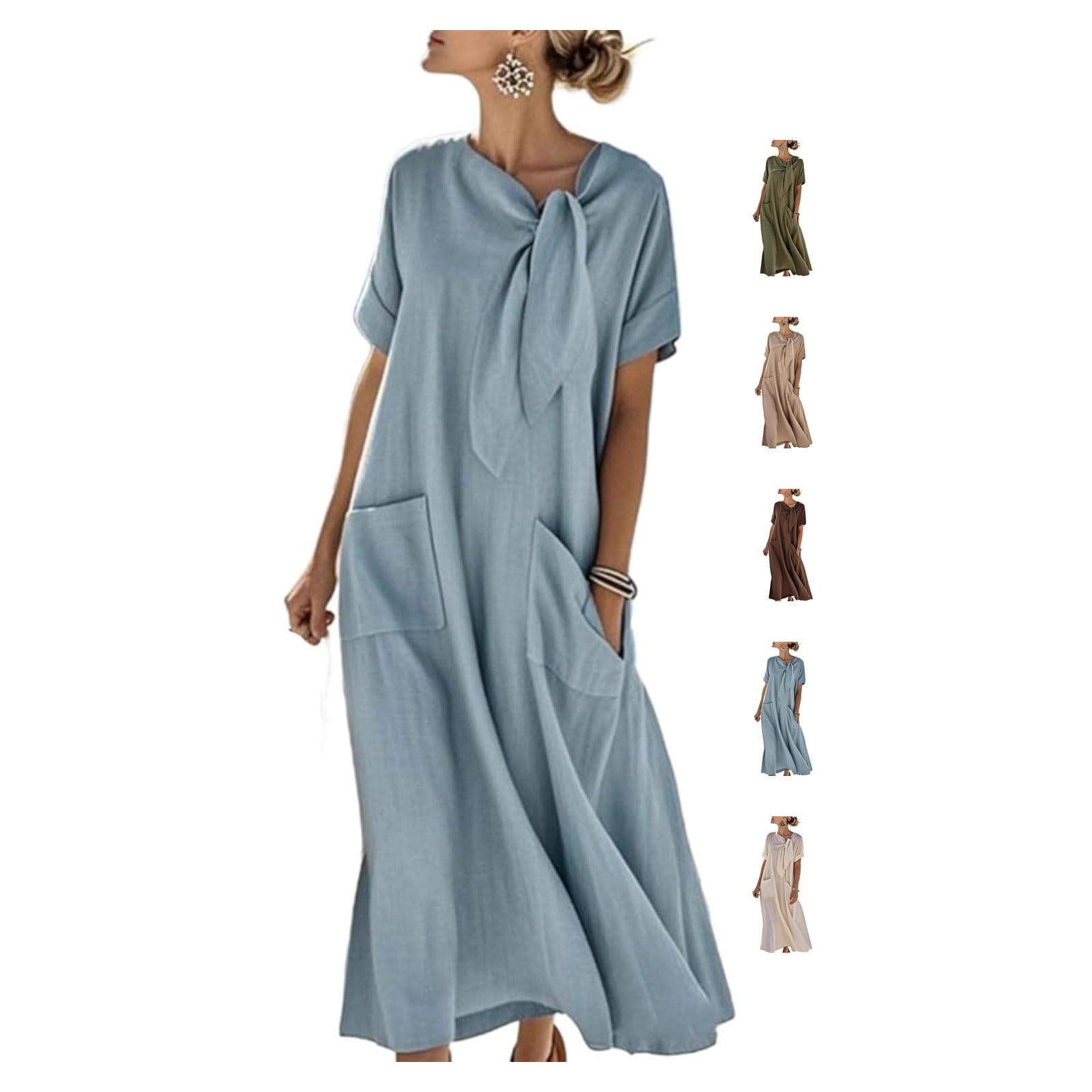 Vestido largo con cuello de lazo para mujer, manga corta, color sólido, holgado, acampanado, con bolsillos, vestido de verano casual de playa para vacaciones