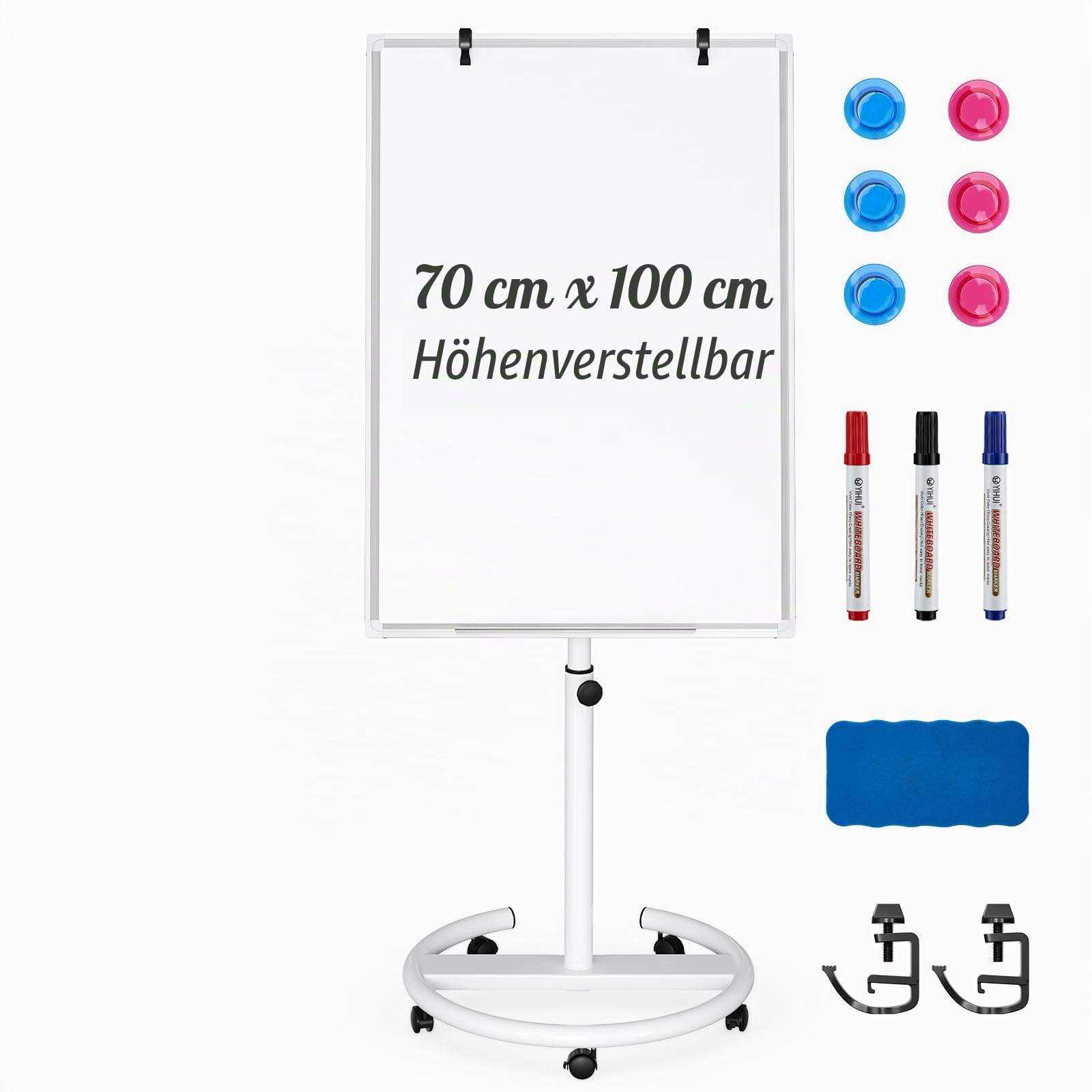 100x70cm Flipchart Ständer, Magnetische Whiteboard mobil mit Rollen, höhenverstellbar 157-195cm, trocken abwischbar, magnetisch, für Büro Schule Zuhause