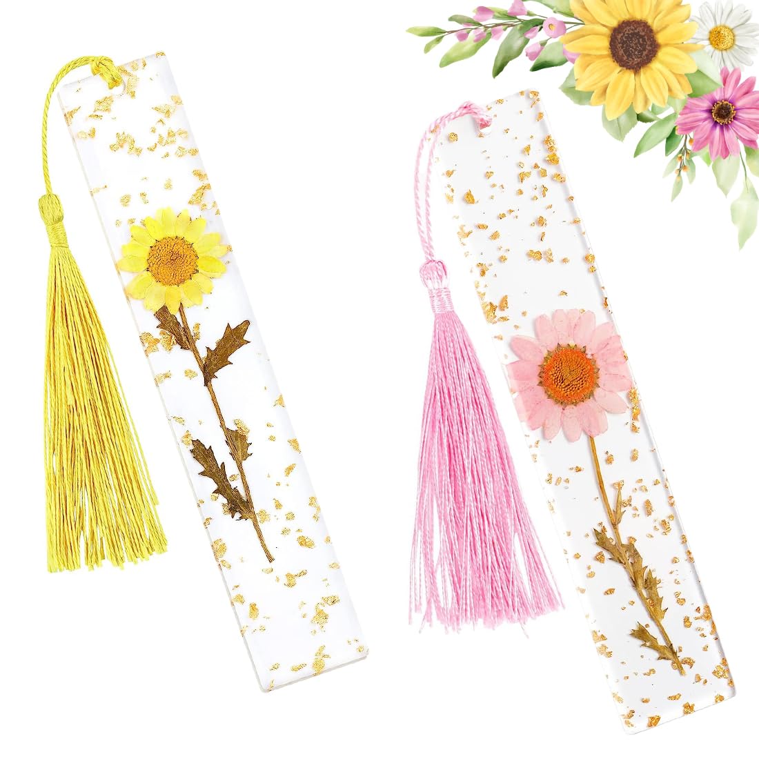NOCHME Marcapáginas Flores Resina Con Borlas, 2 Marcadores De Libros De Resina Epoxi Seca Con Flores Reales Con Chispas Doradas, Marca Paginas De Lectura De Página