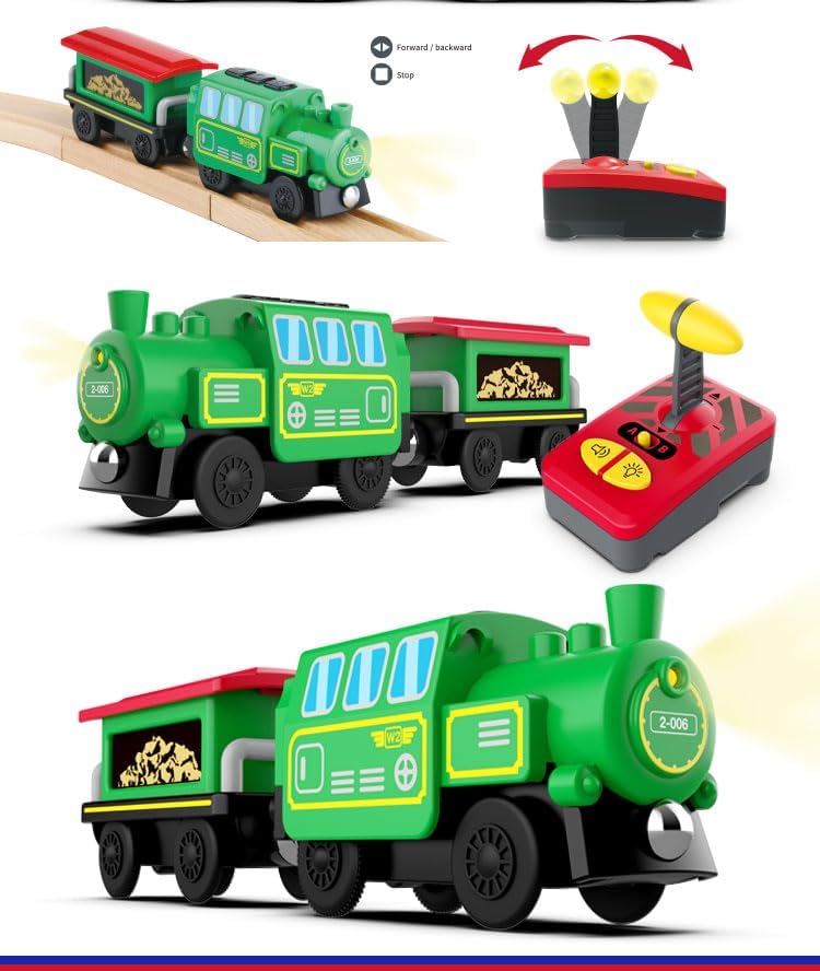 Miniatura 4 de Juego de tren de vapor a control remoto para vías ferroviarias de madera, motor a pilas con licitación y controlador, luces, sonidos, acoplamiento