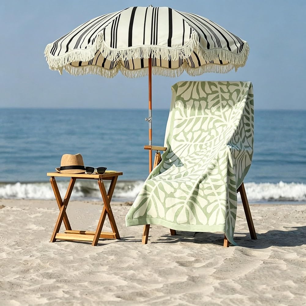 200 cm Parasol Plażowy w Paski z Frędzlami, Boho Składany Parasol Ogrodowy z Drewnianym Trzonkiem z Filtrem UPF 50+ do Basenu, Ogrodu