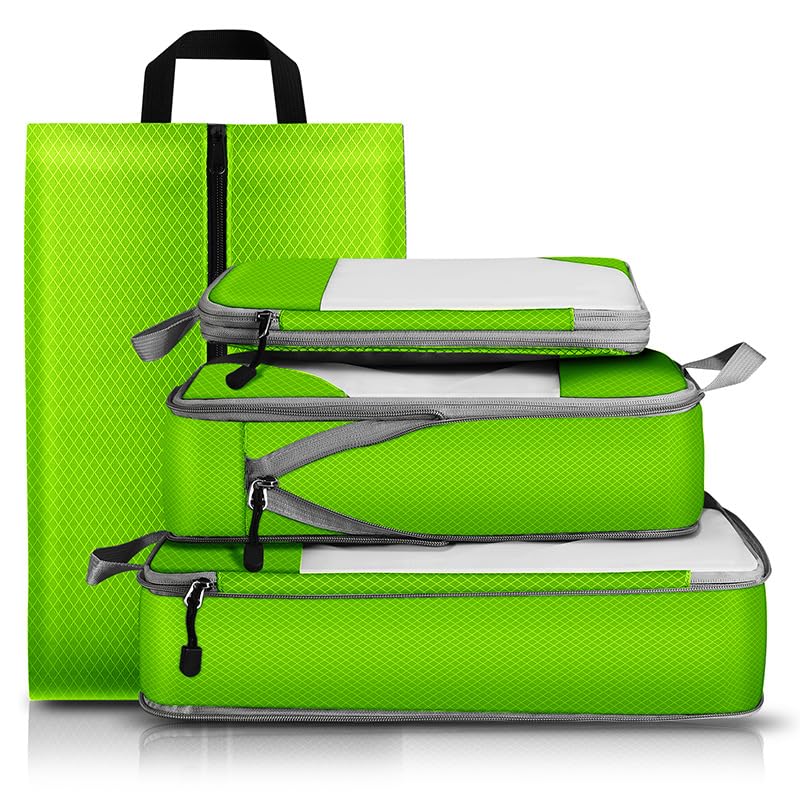 Juego de bolsas de viaje transparentes TUP impermeables, diseño plegable y ligero, organizador de equipaje para maleta y carrito (verde, juego de 4 piezas (incluye bolsa para zapatos))