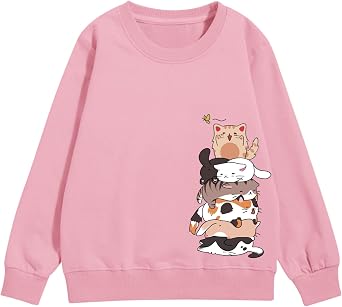 Tuislay Cute Cat Graphic Sweatshirt for Girls Kawaii Cartoon Sweatshirts Kids Anime Printed Tops Long Sleeve Shirts PulloverPink,9-10Y