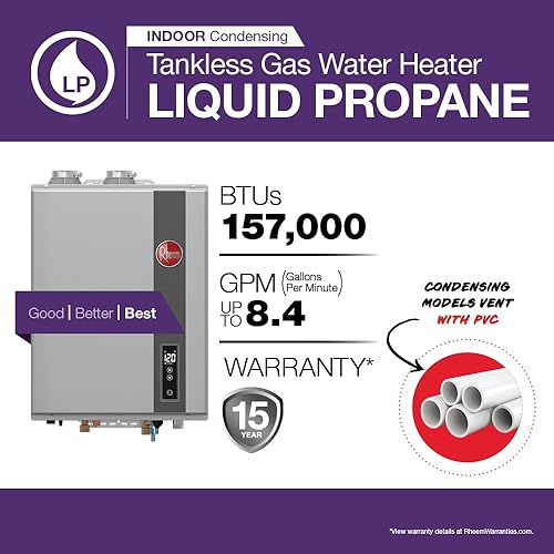 Vista 2 de Rheem RTGH-84DVLP-3 Serie RTGH 8.4 GPM Calentador de agua sin tanque de propano líquido para interiores