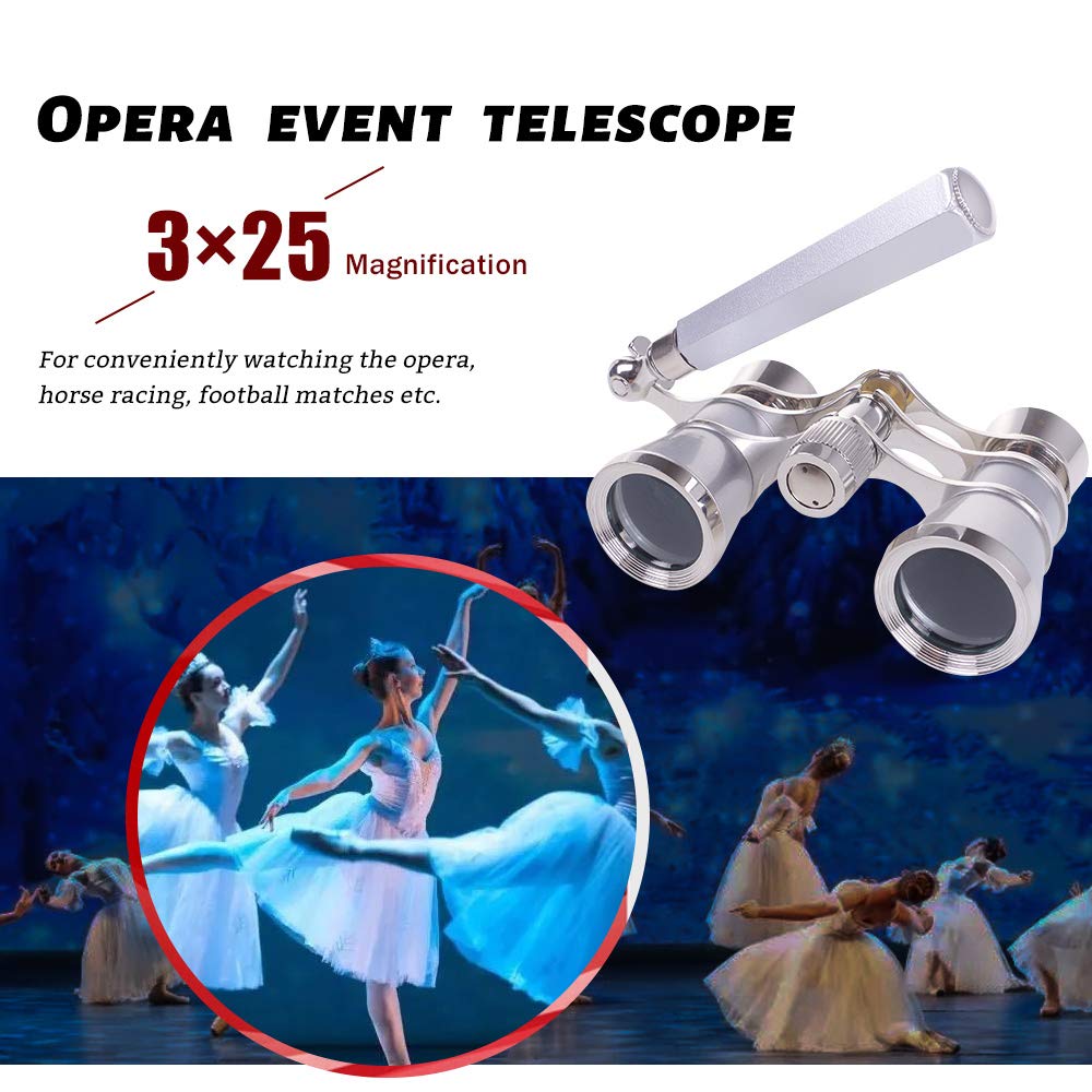 3X25 Opera Theater Horse Racing Glasses Binocular Telescope with Handle/Accessory Kit Women Telescope (Silver)