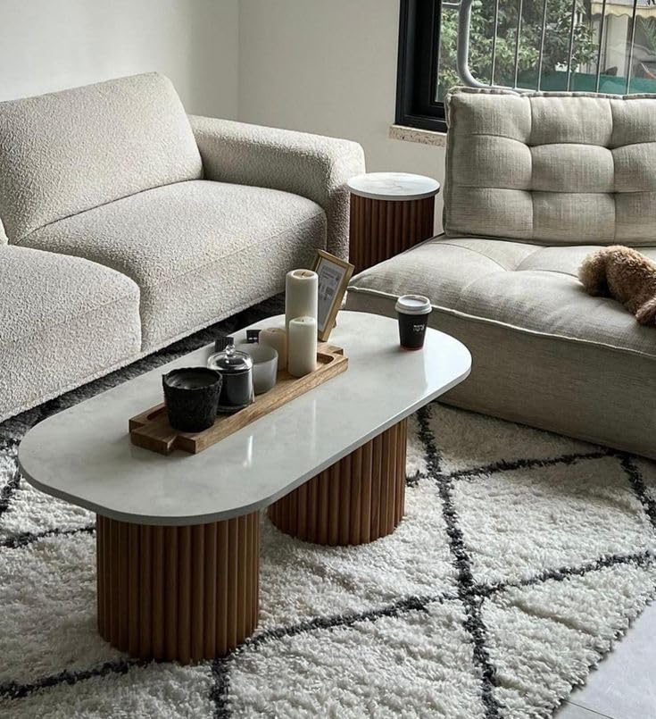 Image of WOODEN SPACE Siena Marble Top Center Table | Modern Oval Coffee Table with Fluted Wooden Base | Luxury Living Room Table