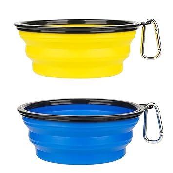 DYAprWu 2 Pack Collapsible Dog Bowls Set Water and Food Portable Bowls Foldable Dishes with Carabiner Clip for Dogs Cats Traveling Walking Hiking (34 OZ, Blue & Yellow)