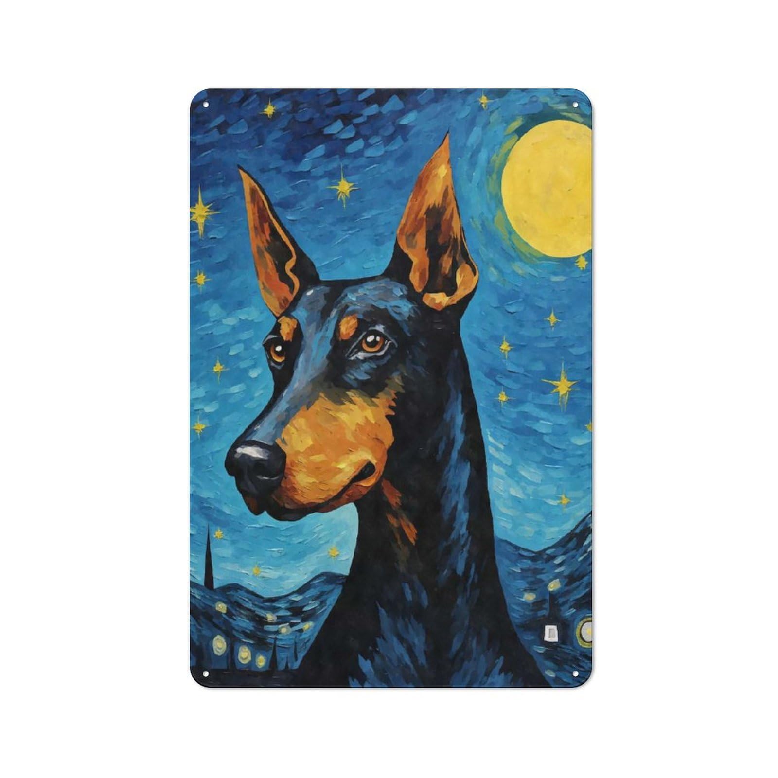 Junmoney Style-11 Character Decorative Tin Plaque 30X20cm Featuring Dobermann Dog Starry Night, Home Wall Decor For Flat, Dorm Room, Lounge Or Cafe