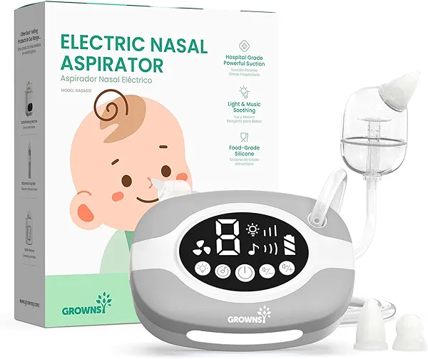 GROWNSY Electric Nose Suction for Baby, Hospital-Grade Nasal Aspirator with Night Light,Soothing Lullabies, Baby Nose Sucker with 9 Adjustable Suction Levels Grey Standard