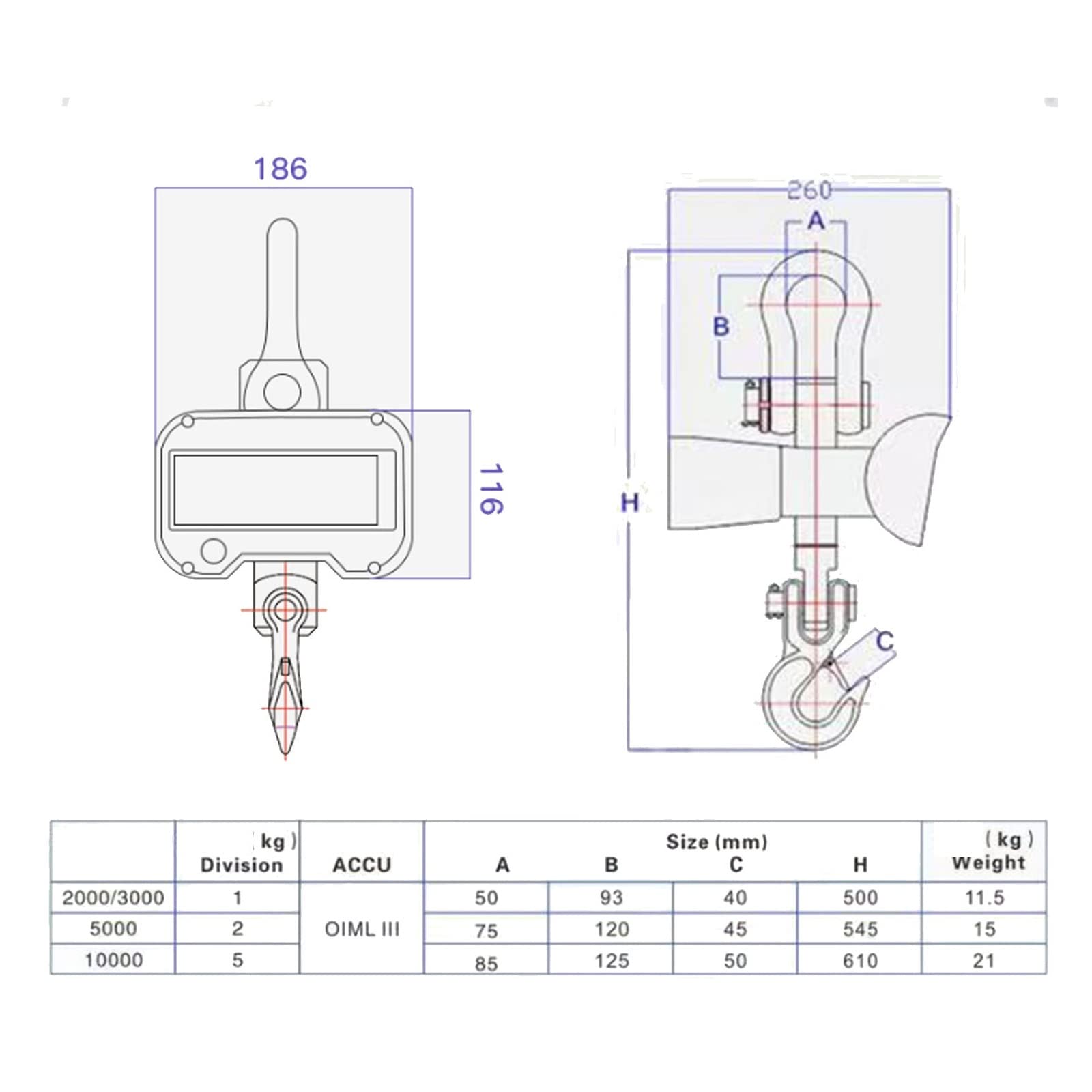 Digitale Hängewaage, Elektronische Hakenkranwaage 1-3-5-10-15-20 Tonnen Direkte Ansicht Drahtlose Fernbedienung Druckfunktion(C double screen PRINT 3 ton)