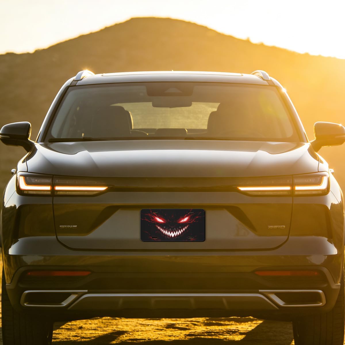 Monster Front License Plate Dark Evil Red Horror Car Decorative License Plates Aluminum Metal Decor Accessory Novelty Vanity Tag Cover with 4 Holes for Men Women 6" X 12"
