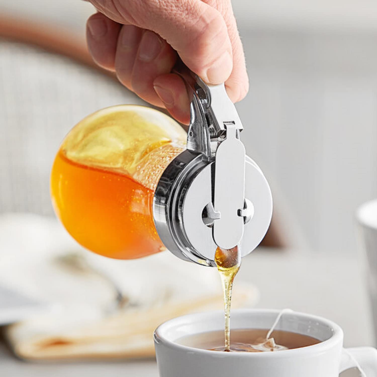 TrueCraftware- 6 oz. Glass Syrup Dispenser with Cast Zinc Cap Set of 12– Glass Syrup Dispenser Maple Syrup Honey Pancake Dispenser Honey Pot for Kitchen Cafe and Restaurants