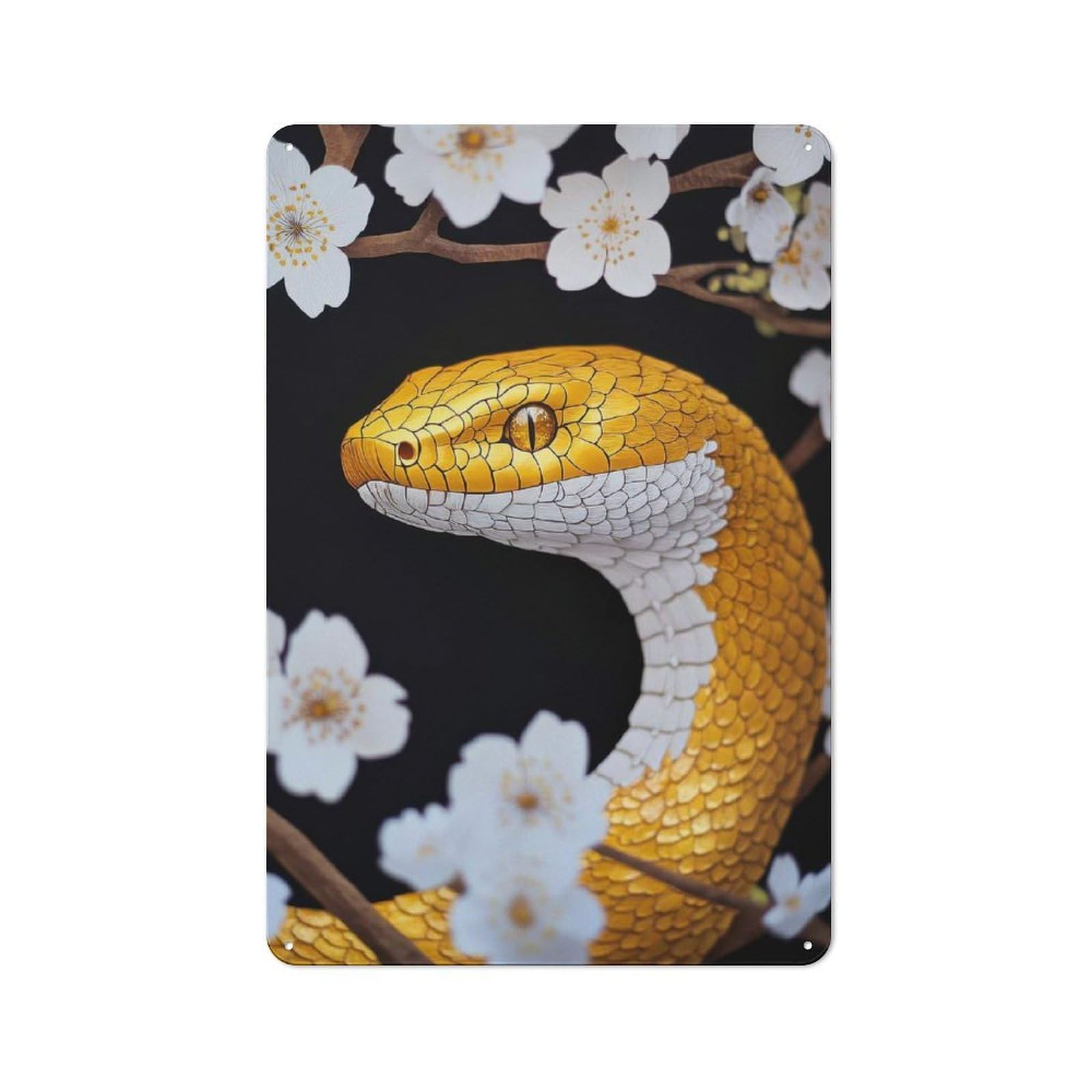 Junmoney Golden Snake With Cherry Blossoms Metal Sign 30X20cm With For Home Bar Wall, Vintage Decor, Wall Decoration For Home Bars And Entertaining Spaces