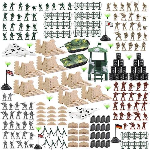 Boderam 250-teiliges Armee-Männer Armee-Soldaten Plastikspielzeug, Militär Action Figuren Spielset Kinder Militär Soldaten Eimer mit Panzern, Flugzeugen, Soldatenfiguren und Zubehör für Jungen Mädchen