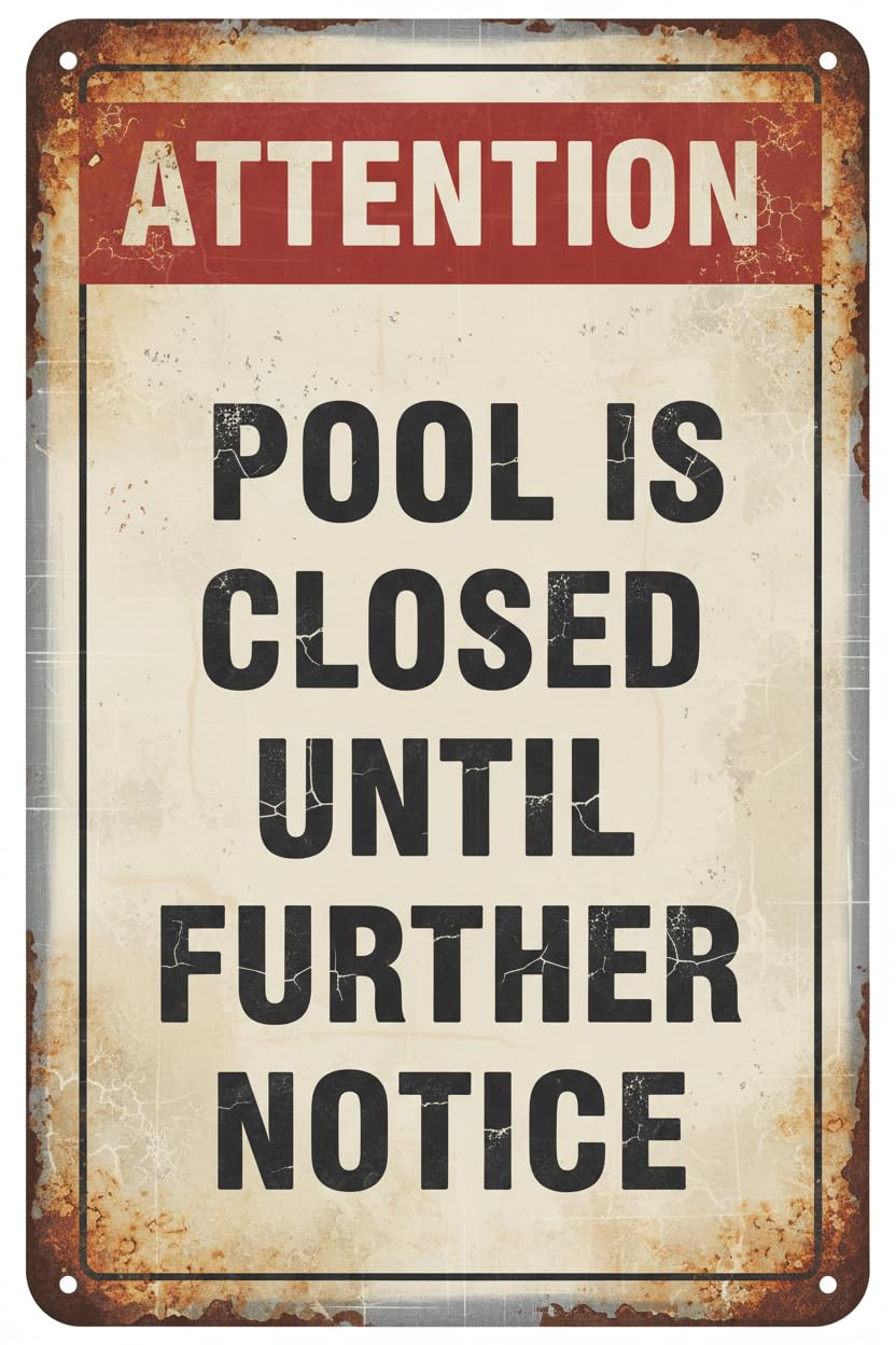 Wall Decor Attention Pool Is Closed Until Further Notice Sign. 8x12Inch Metal. Vintage Signs Aluminum Plates Printed