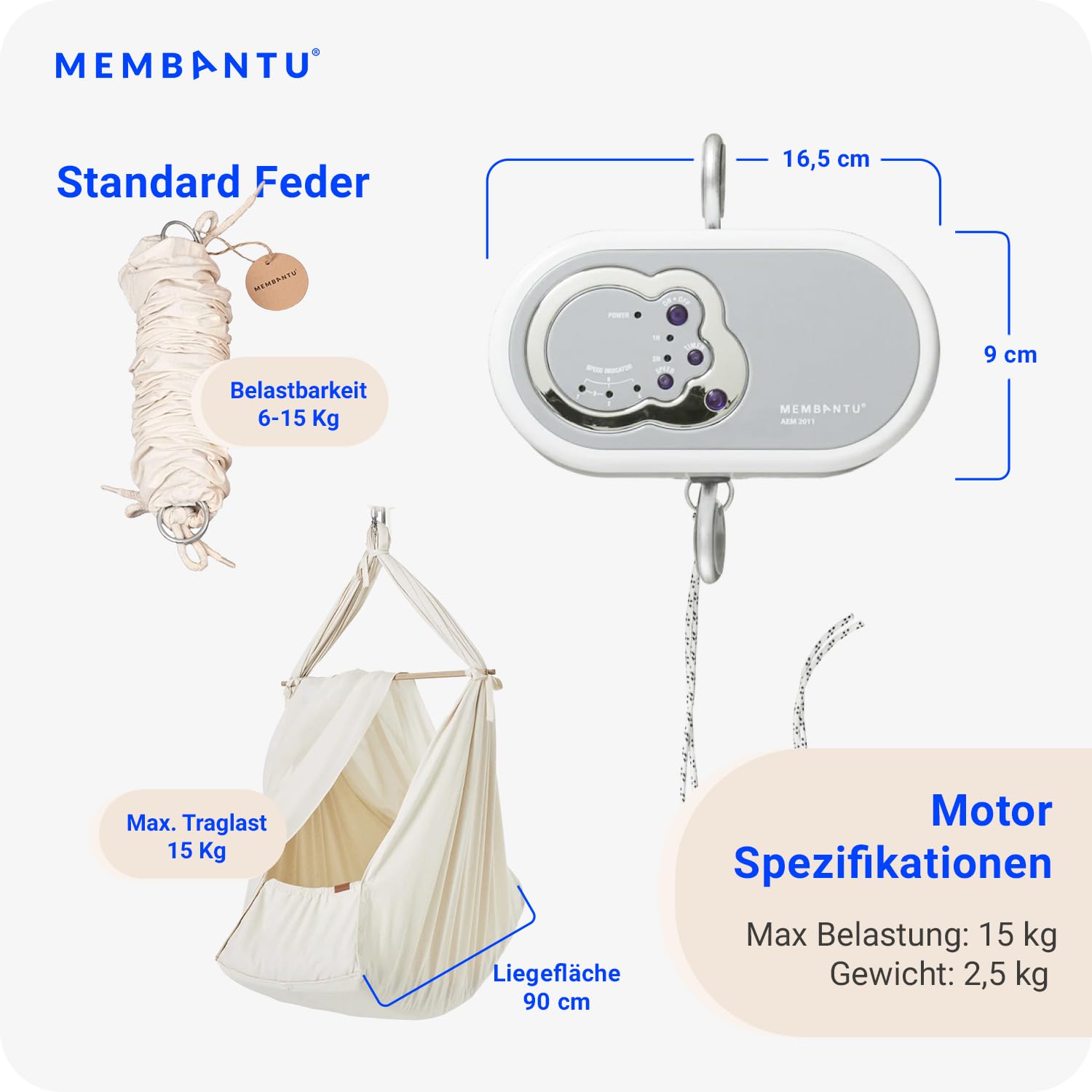 Federwiege Baby inkl. Feder - Baby-Wiege aus Bio-Baumwolle - Baby-Hängematte mit Deckenaufhängung bis max 15kg - Baby-Hängewiege mit Matratze, Baldachin und Federwiege-Motor