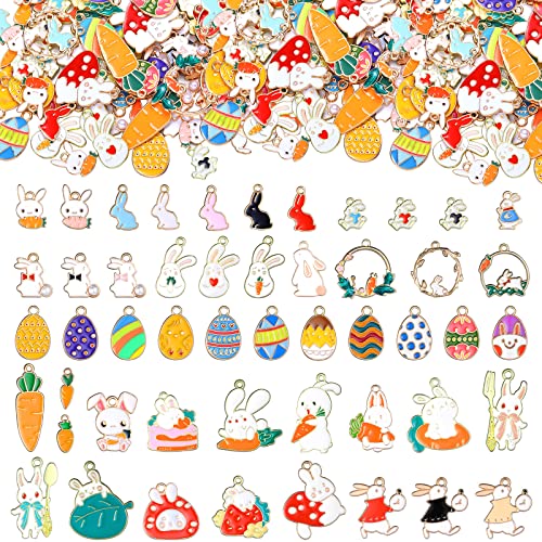 Kingdder 100 Pcs Easter Charms for Jewelry Making Bunny Egg Charms Bulk Cute Easter Rabbit Carrot Jewelry for Bracelets Necklaces Earrings DIY Crafts