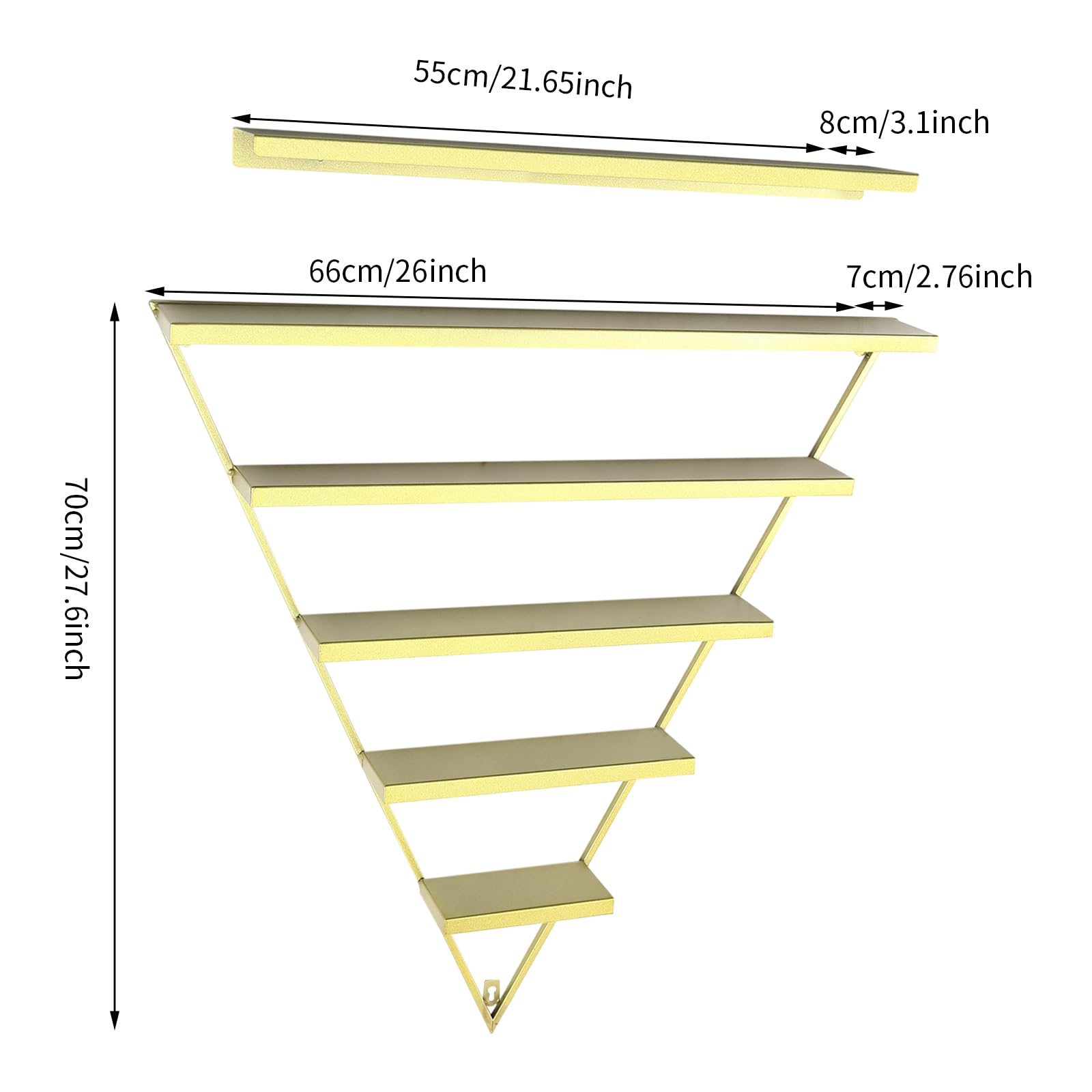 Set di scaffali da parete triangolari in metallo dorato con 6 ripiani, espositore per smalti, per saloni di bellezza, cosmetici, smalti colorati e prodotti per la cura