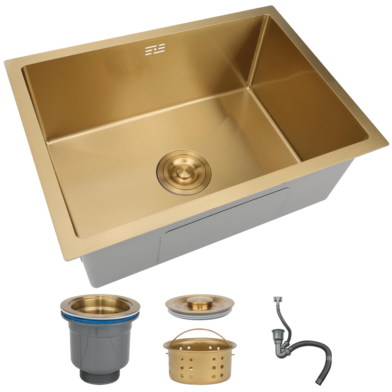 DSMRLEOP Gold Stainless Steel Top Mounted Single Bowl Kitchen Sink - 60x40cm Square Handmade Bar/Prep With Nano Coating and Drain Kit, Easy-Clean (Gold#01)
