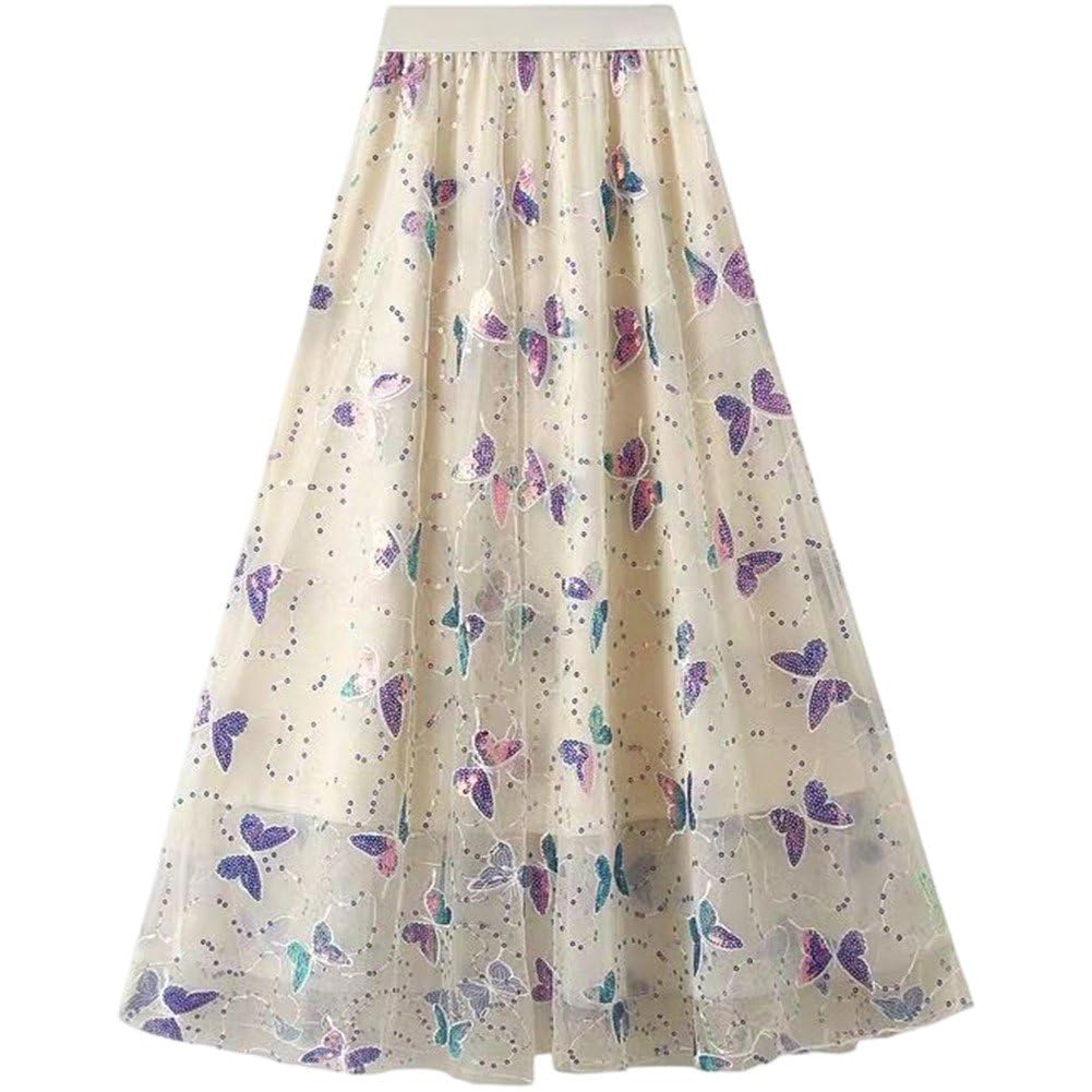 Jupe midi trapèze Wudaizhi en tulle avec sequins papillon taille haute