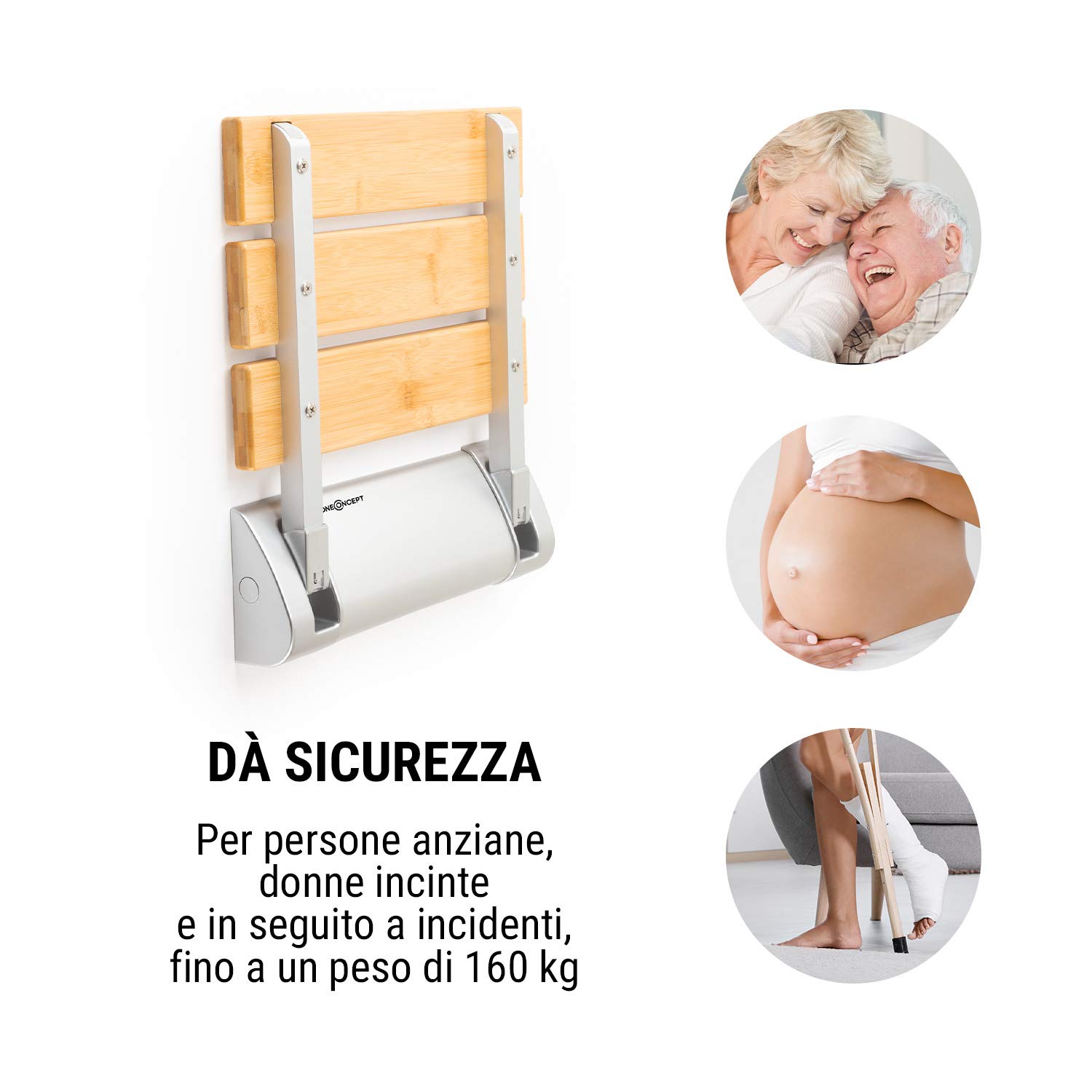 Oneconcept Arielle - Sedile da Doccia Pieghevole, Superficie in Bambù, Gancio in Alluminio, Peso max.: 160 kg, incl. Materiale di Montaggio, Stile: Classic, Legno