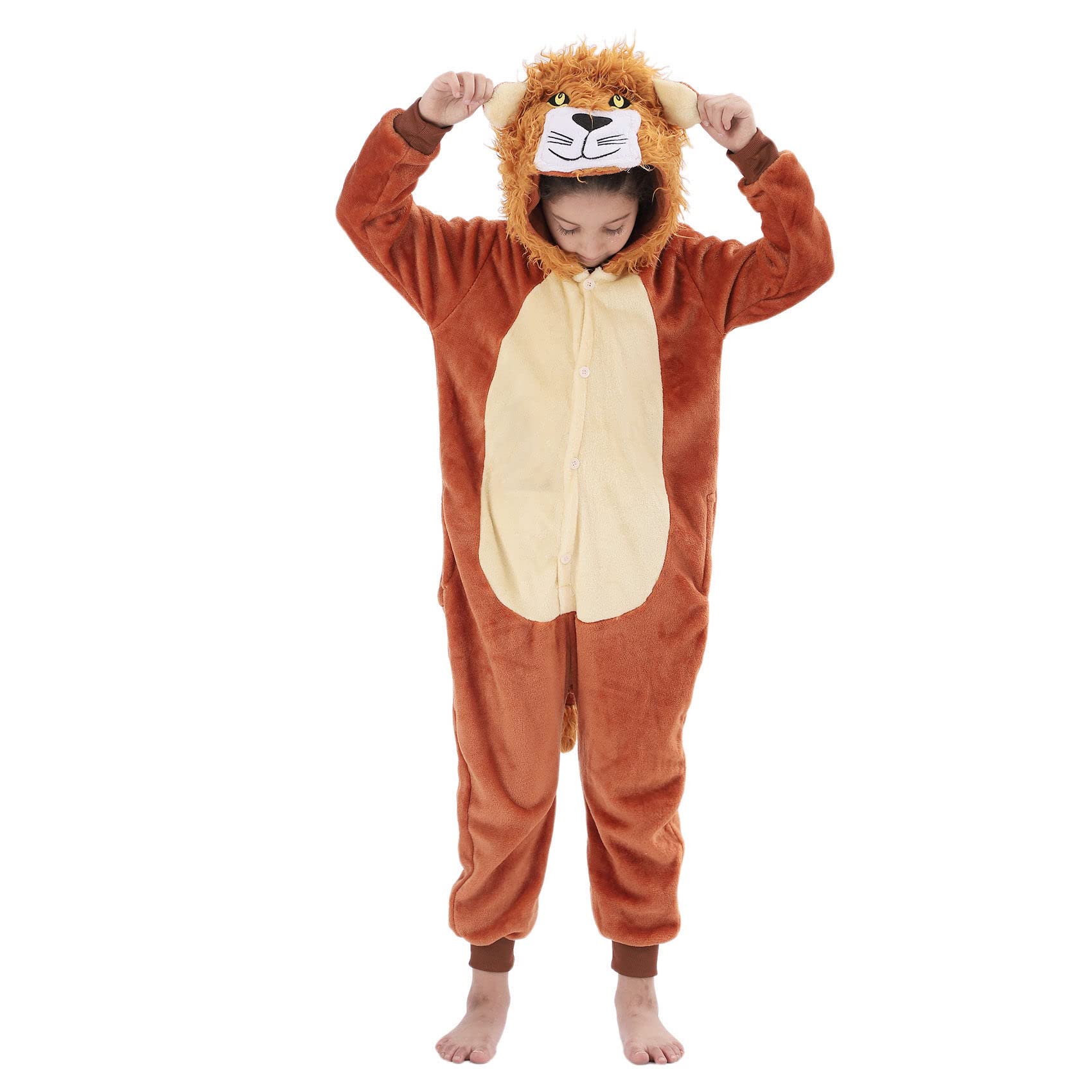WAFUNNE Flannel Lion Costume Cosplay Halloween Animal Onesie for Kids Adults Boys Girls Child Lion S