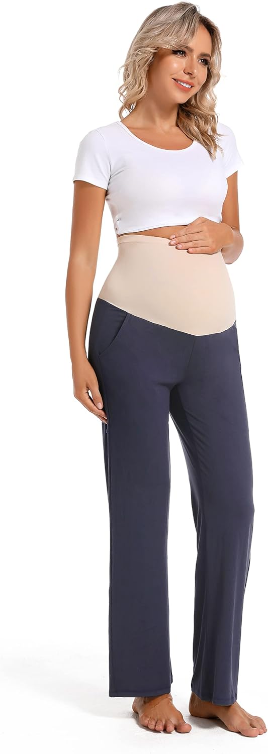 V VOCNI Women's Maternity Lounge Pants Pockets Stretchy Pregnancy Trousers Comfy Wide Leg Yoga Pajama Pants - Image 6