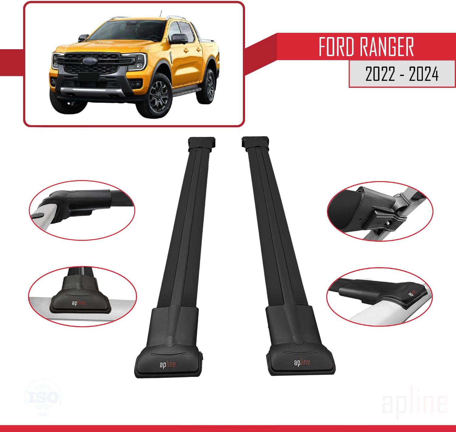 Compatible with Ford Ranger (P703) 2022-2024 Fly Model Car Roof Rack Cross Bar Black Aluminium 2 Bars